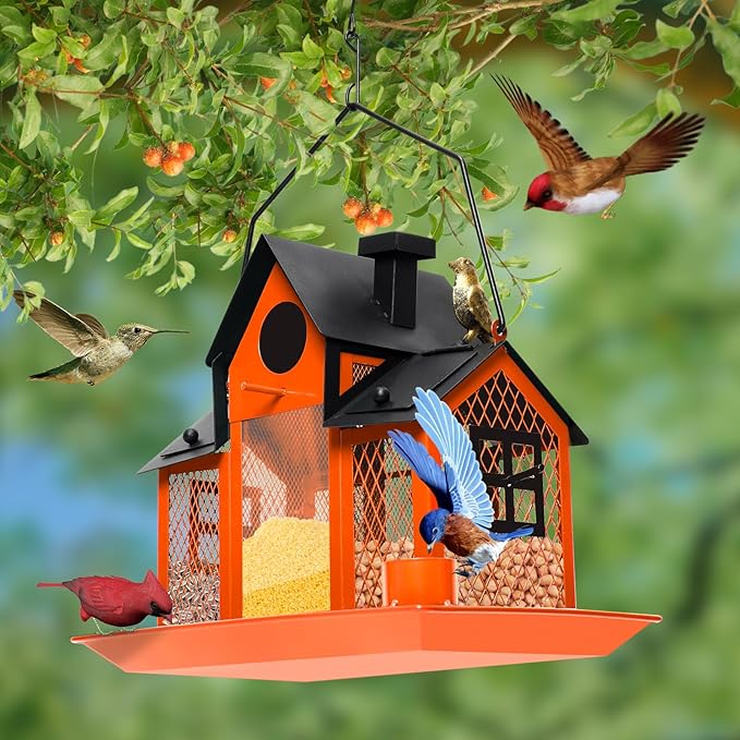 Solar Bird Feeders House for Outdoors Hanging, 7LBS Large Capacity Metal Wild Bird Feeder Squirrel Proof for Outside with Water Cup, Cardinal Birdfeeder Birdhouses Gift for Bird Lovers (Orange)