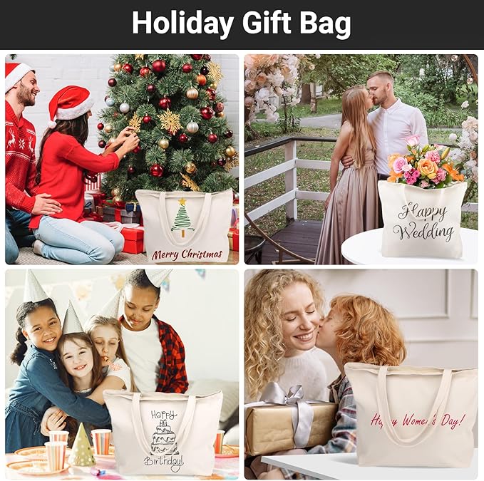 Segarty Canvas Tote Bag with Zipper, 12 Pack 16x13 Reusable Storage Bags for Women, Blank Canvas Tote Aesthetic with Natural Cotton Cloth, Shoulder Strap, Bulk for DIY, Grocery, Beach, Travel,Gift