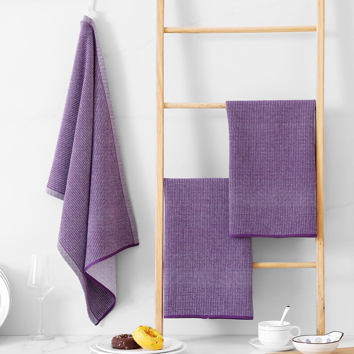 Homaxy Premium Kitchen Towels(18”x 28”, 12 Pack), Large Cotton Kitchen Hand Towels, Flat and Terry Dish Towels, 380 GSM Highly Absorbent Tea Towel Set with Hanging Loop, Purple