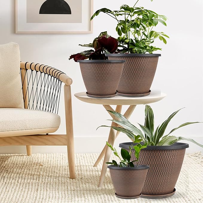 12 inch Pots for Plants, 4 Pack Large Outdoor Planter Pot with Drainage Holes & Saucers, Plastic Flower Pots for Indoor Plants, Decorative Garden Pots for Indoor & Outdoor Plant (Black Copper)