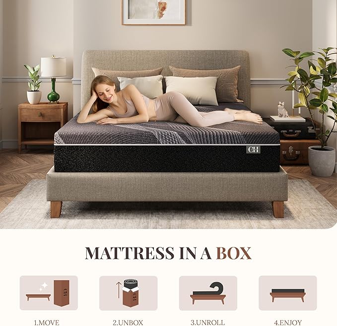 CH CHARME HOUSE 12 Inch Full Mattress, Bamboo-Charcoal Memory Foam Mattress, Cooling & Pressure Relief, Bed in a Box, Foam Made in USA & CertiPUR-US Certified, 54'x75'x12', Black
