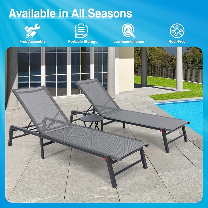 Aluminum Chaise Lounge Chair Outdoor, Foldable Patio Lounge Chair 2 Sets with Table Assemble-Free, Pool Lounge Chairs with 5 Adjustable Backrest, Outdoor Lounge Chairs for Outside Poolside Beige