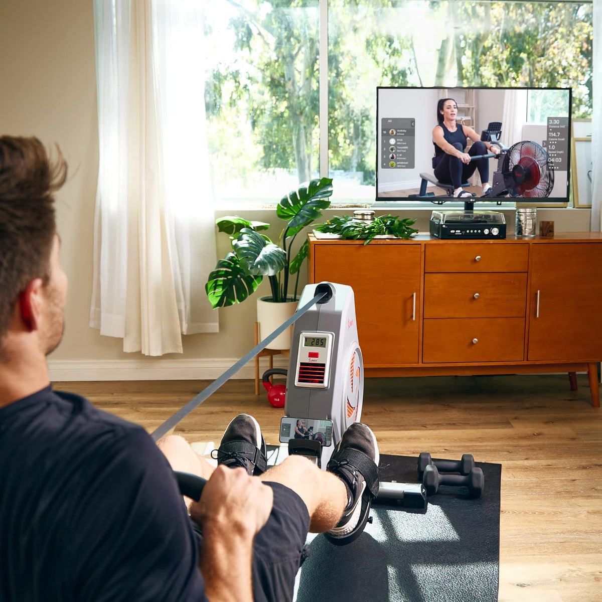 Sunny Health & Fitness Rower w/Long Slide Rail, Cardio Rowing Equipment for Home Gym Training w/LCD Monitor & Device Holder, Optional Free SunnyFit App Bluetooth Connection