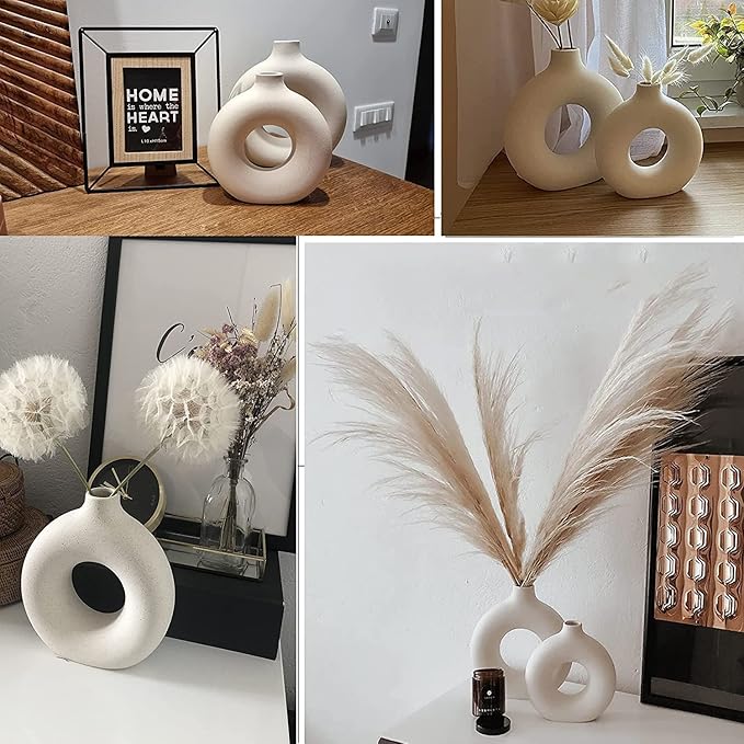 White Ceramic Vases- 2 for Modern Home Decor, Round Matte Boho Vase for Decor, Ceramic Minimalist Nordic Style for Wedding Dinner Table Living Room Office