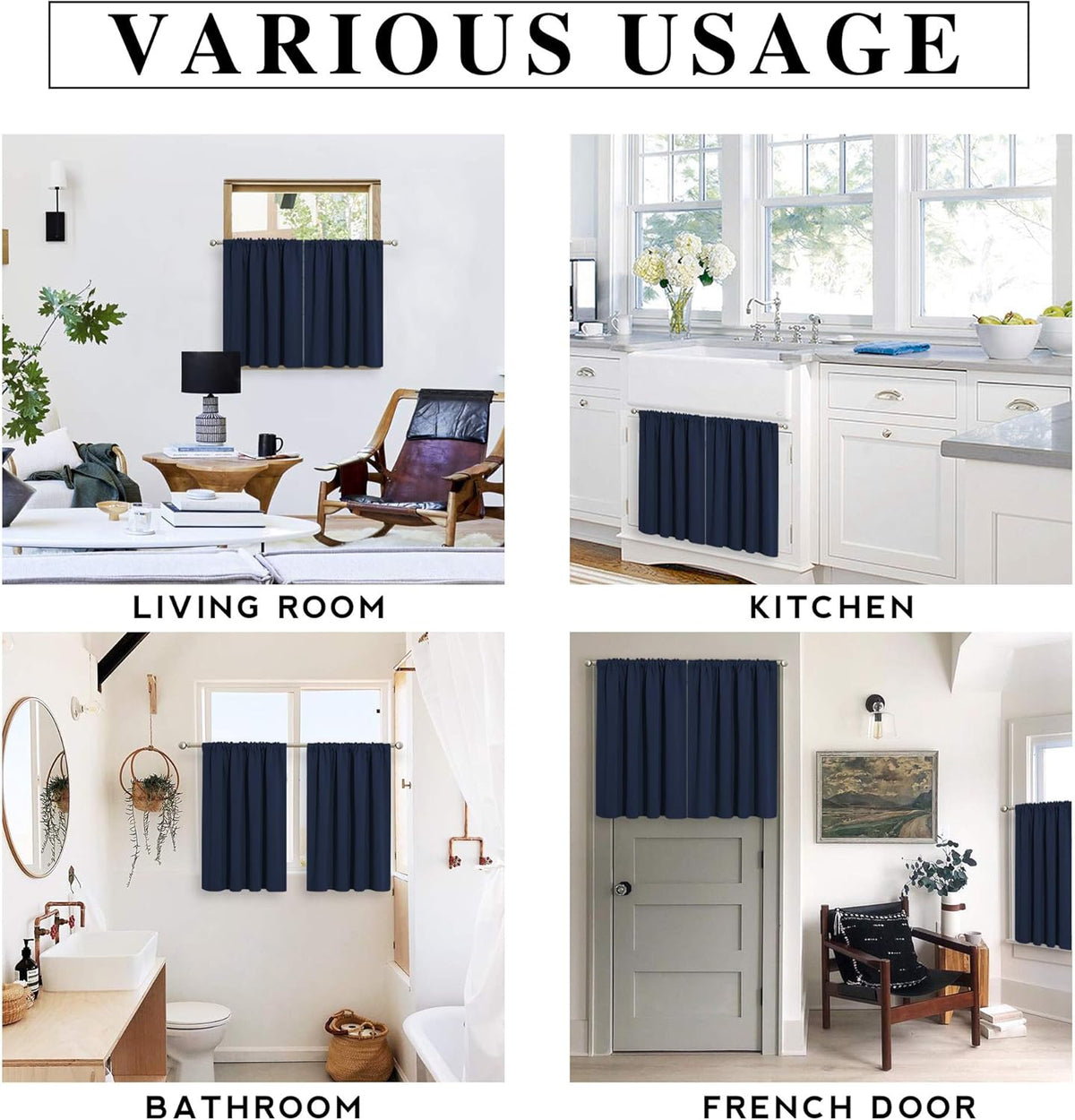 RYB HOME RV Curtains for Camper Windows - Soft Thermal Insulated Small Window Curtain Tiers for Cafe Kitchen Bedroom Basement Glass Door Window, W 42 x L 30 inches, Navy Blue, 2 Panels