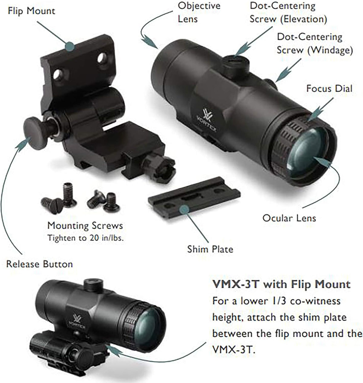 Vortex Optics VMX-3T Red Dot Sight Magnifier - 3X Magnification with Built-In Flip Mount