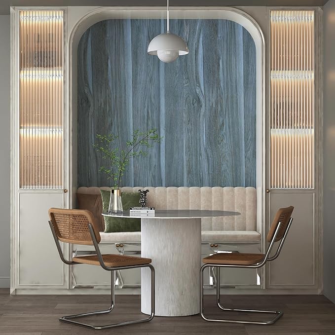 BOMENG Blue Wood Grain Wallpaper Peel and Stick Peacock Contact Paper