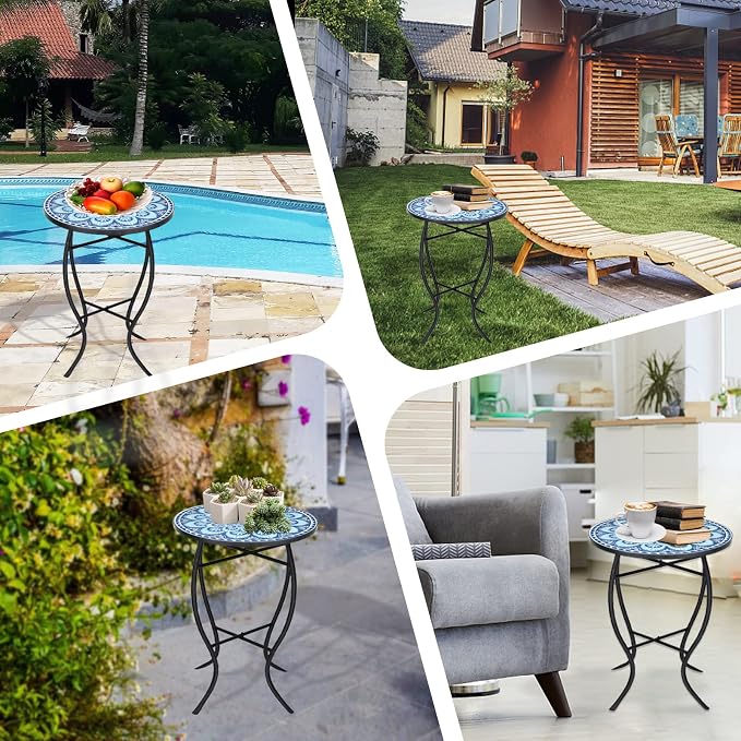 VCUTEKA Mosaic Outdoor Side Table, 14" Round Small Patio Accent Table Indoor End Table for Yard, Garden, Living Room, Bistro Balcony or Lawn Blue