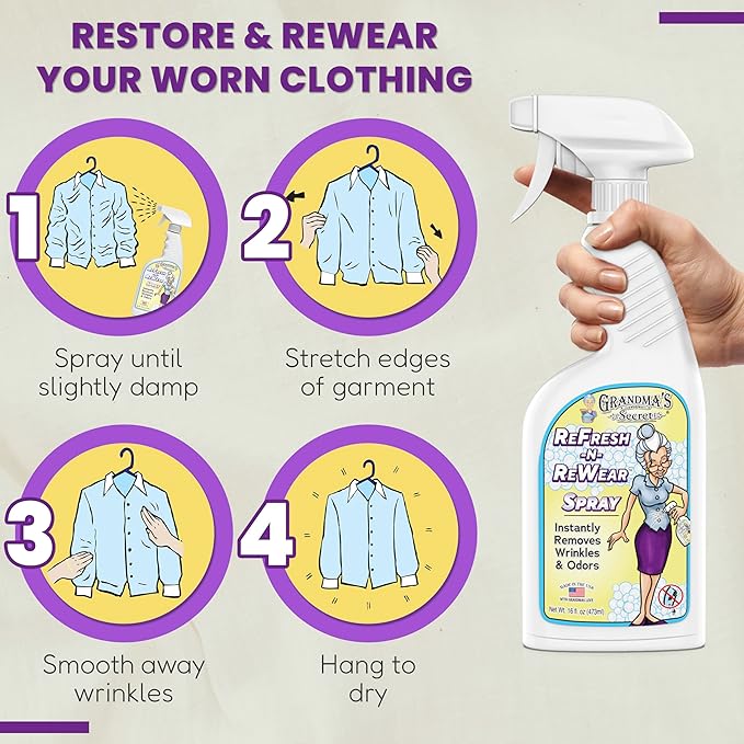 Grandma's Secret Refresh N ReWear Spray - Instantly Removes Wrinkles & Odors - Wrinkle Release, Fabric Refresher Spray, Chlorine, Bleach and Toxin-Free - 16 Ounce, 3 Pack
