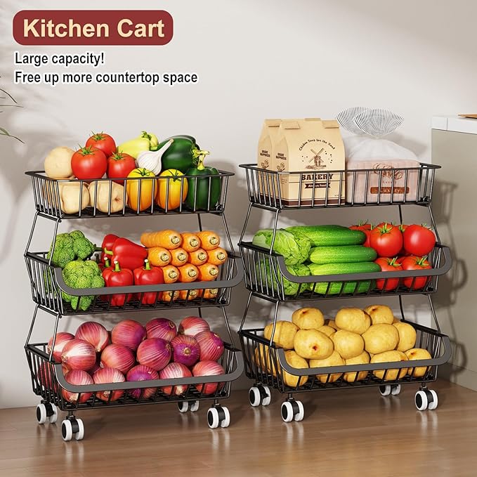 3-Tier Rolling Pantry Cart with Wheels, Stackable Wire Storage Floor Organizer for Kitchen Pantry Snack Shelves, Fruit Basket Stand, Vegetable Storage Rack for Food Snacks Onion Potato, Black, 2 Pack