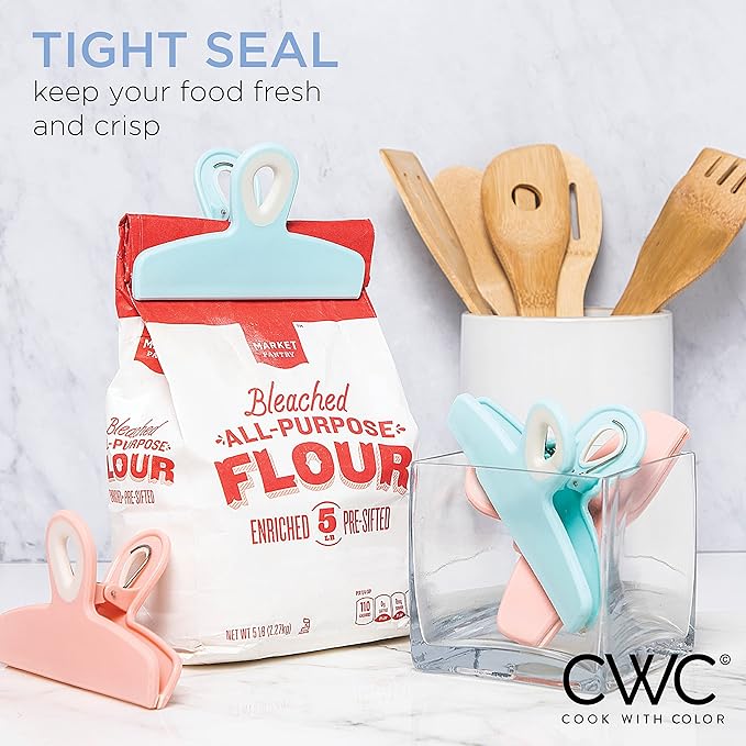COOK WITH COLOR Bag Clips - Heavy Duty Chip Clip and Refrigerator Magnet Clips for Food Storage with Air Tight Seal Grip, Bright Colors, Pack of 4 Large Clips