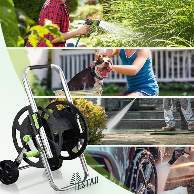 Garden Hose Reel Cart, Holds 75-150 Feet of 5/8-Inch Hose, Portable Hose Reel Cart With Wheels,Adjustable Handrail, Quick Hose Connector