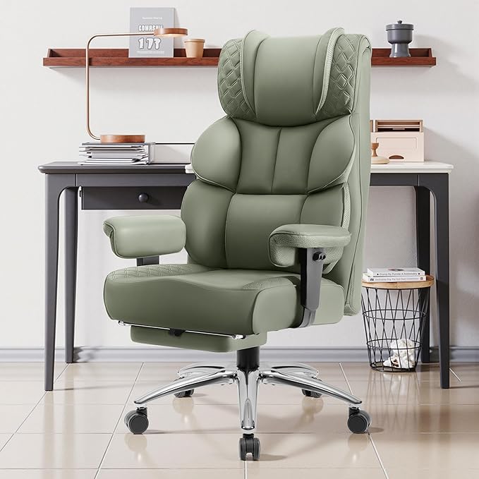Office Desk Chair, Big and Tall Leather Gaming Chair with Footrest, Wide Ergonomic Comfy Executive High-Back Reclining Computer Chairs, Swivel Rolling Wheels and Padded Lumbar Support, Green