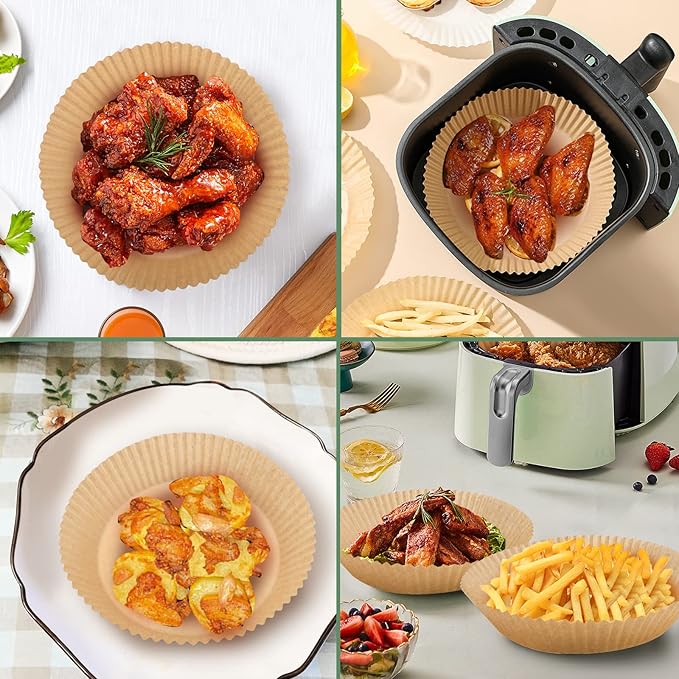 Air Fryer Paper Liner, Unbleached & Biodegradable Material, Disposable Non-stick Parchment Paper for Frying, Baking, Roasting & Grilling (100Pcs-6.3")