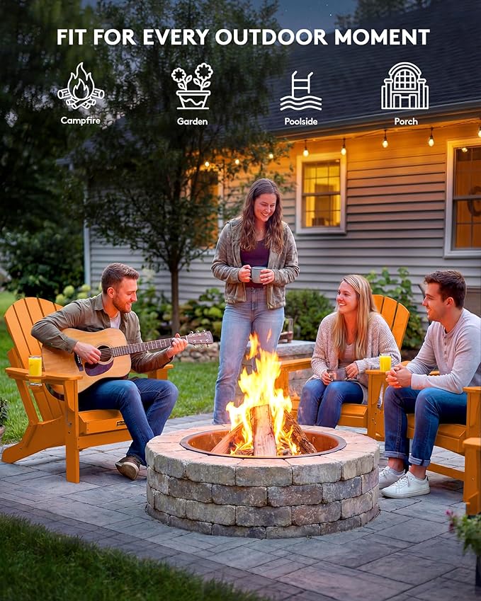 SERWALL Folding Adirondack Chair Set of 4, Weather Resistant HIPS Patio Chairs with Cup Holder for Patio Garden Outdoors Fire Pit Chairs- Orange