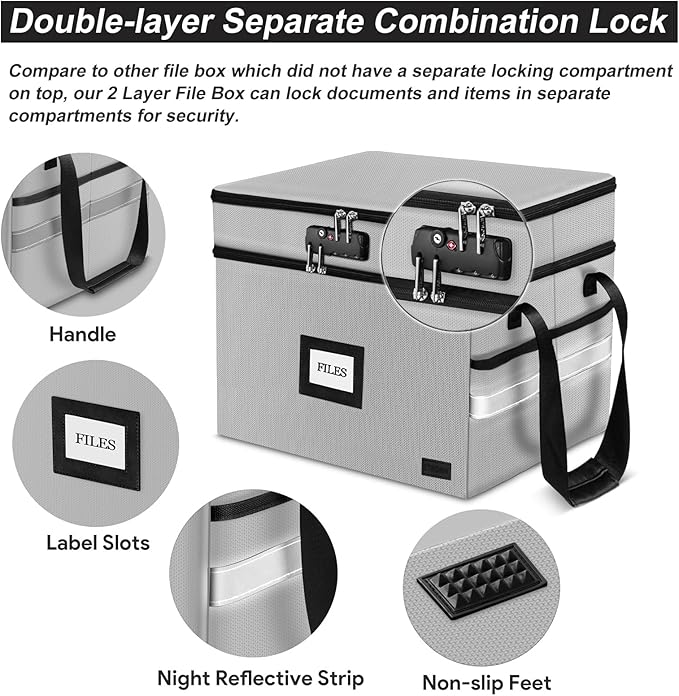 Fireproof Document Box with Lock, 2-Layer File Box Storage Organizer with 5 Tabs& Insert, Portable File Cabinet Storage Box with Handle for Hanging Letter,Legal Size Folder/Certificate, Silver Grey