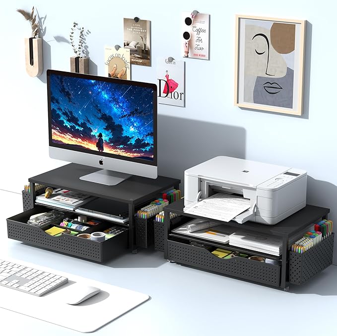 Spacrea Desk Organizer and Accessories, Computer Monitor Stand Riser with Drawer and 2 Pen Holders, Office Desk Accessories & Workspace Organizers for Office Supplies (Black)