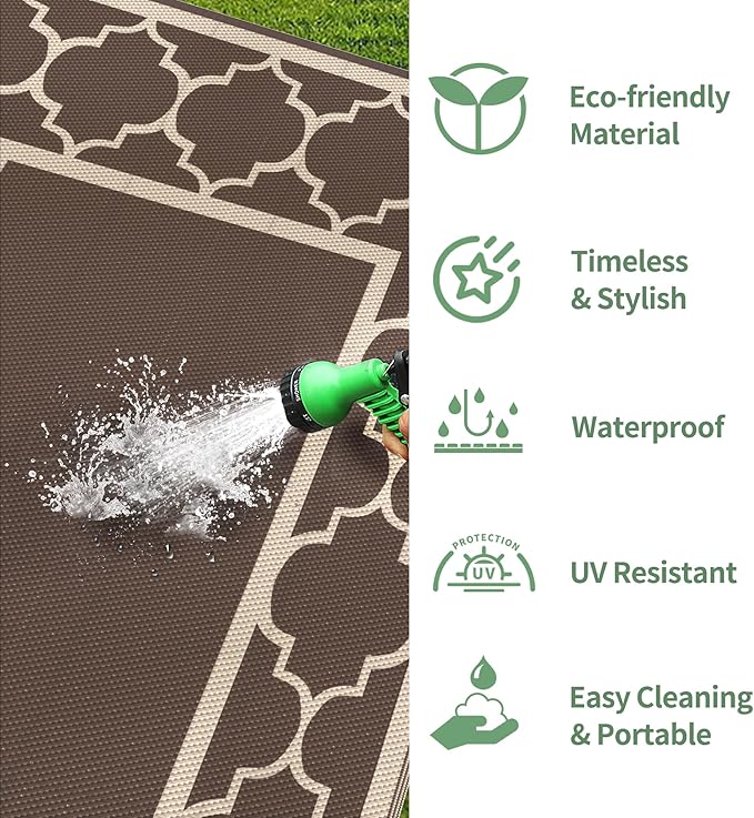 GENIMO Outdoor Rug 8' x 10' Patio Waterproof, Foldable Reversible Plastic Straw Area Rugs Mat for Camper Decor, Outside Carpet for Rv, Deck, Porch, Picnic, Beach, Balcony, Coffee & Beige