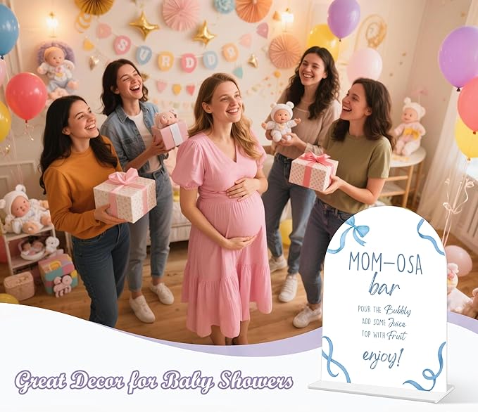 Mom-osa Bar Sign - Blue Bow Baby Shower Sign, 1 Pack Arch Acrylic Sign with Stand, Gender Reveal Party Table Decor, Blue Baby Shower Supplies (SP14)