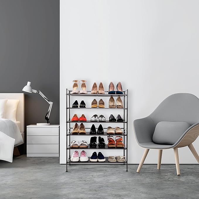 Seville Classics Sturdy Freestanding Storage Shelf for Bedroom, Closet, Entryway, Dorm Room Organizer, Stackable Durable Metal Shoe Rack, Espresso Slat, 3-Tier (2-Pack)