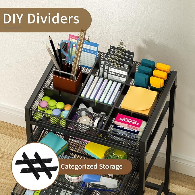 Rolling File Cart with 3 Storage Drawers, Under Desk Filing Cabinet with DIY Divider, Hanging File Folder Organizer on Wheels, Fits A4/Letter Size, Metal Utility Cart for Home Office, Black