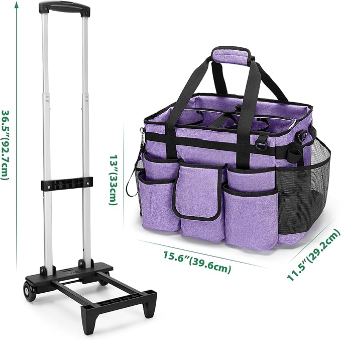 LoDrid Rolling Cleaning Bag with Detachable Trolley, Professional Cleaning Caddy with Shoulder Strap for Housekeepers, Portable Cart on Wheels for Supplies, Purple (Patent Design)