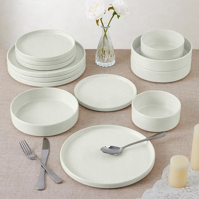 E-far Dinnerware Sets for 8, 24-Piece Stoneware Plates and Bowls Set, Modern Kitchen Dinning Dishware, Chip and Scratch Resistant, Microwave & Dishwasher Safe, Speckled White