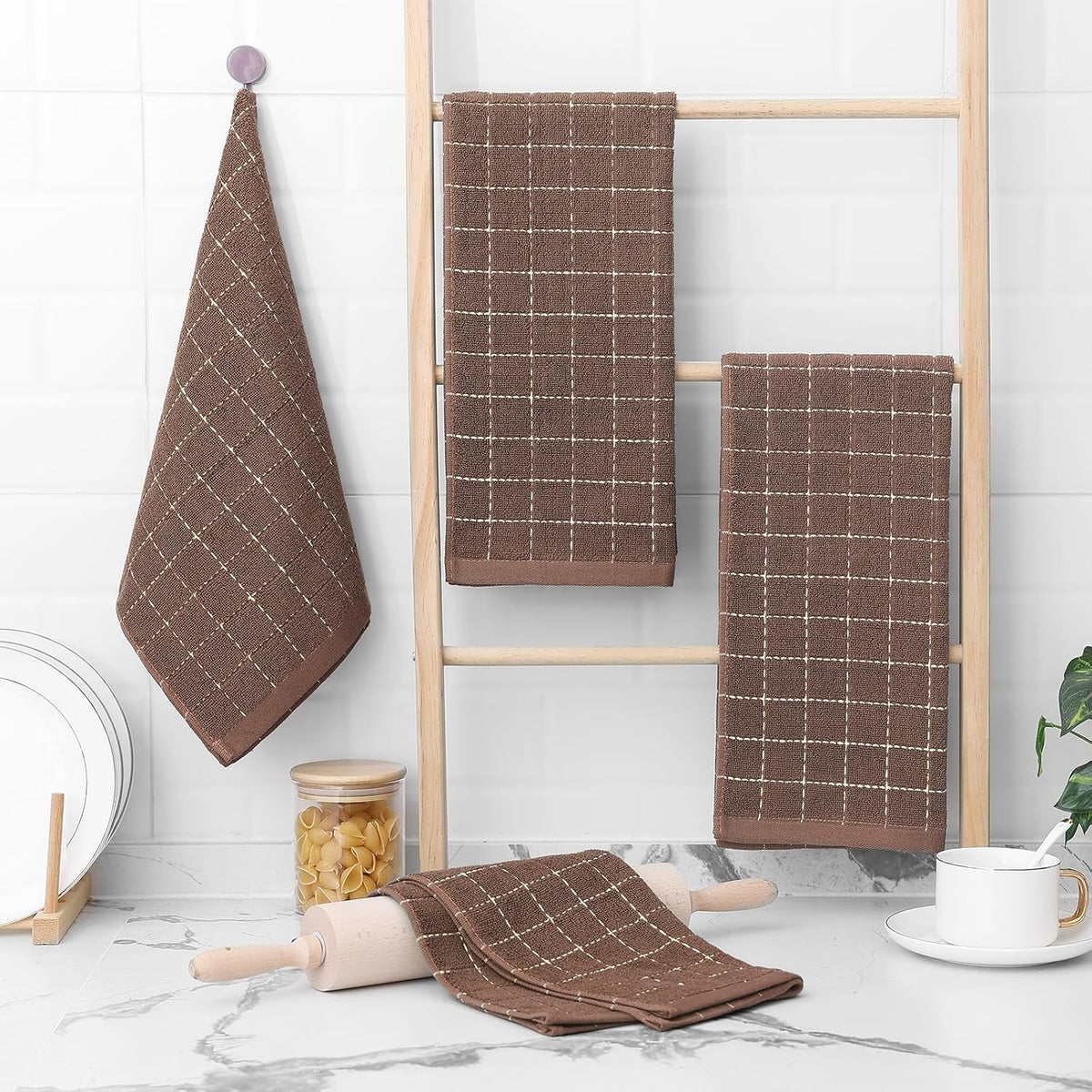 Homaxy 100% Cotton Terry Kitchen Towels(Brown, 13 x 28 inches), Checkered Designed, Soft and Super Absorbent Dish Towels, 4 Pack