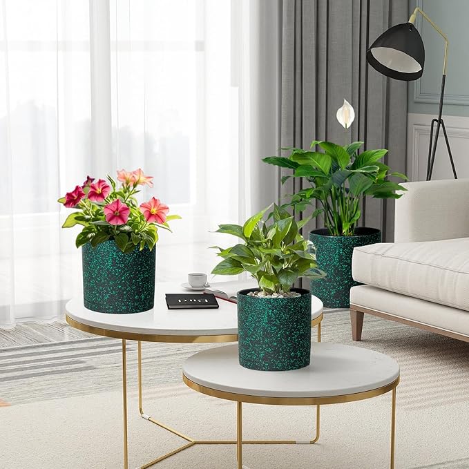12/10/8 inch Large Deep Plant Pots for Outdoor Indoor Plants, 3 Pack Tall Cylinder Flower Pots, Plastic Planters with Drainage Holes and Saucers for Garden House, Black with Green Speckles