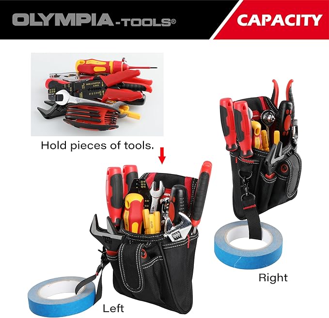Olympia Tools 7 Pocket Tool Pouch with Belt Clip, Black & Red