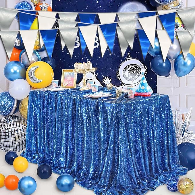 130FT Navy Blue White Silver Triangle Pennant Banner Flag Metallic Fabric Bunting Garland for Christmas Graduation Birthday Wedding Bridal Shower Nautical Ahoy Achor Theme Party Decorations Supplies