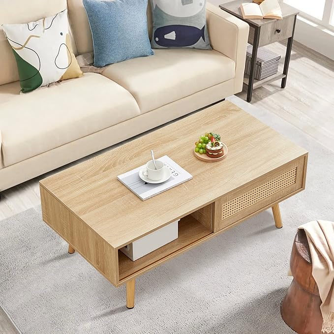 Rattan Coffee Table, 40.3" Mid Century Modern Coffee Table with Storage, Farmhouse Rectangle Wooden Accent Center Sofa Table with Rattan Sliding Door, for Living Room Christmas-Natural