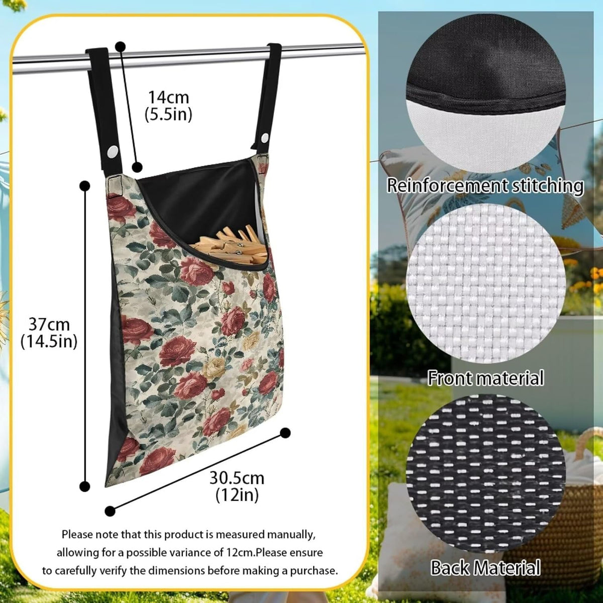2 Pcs Rose Clothespin Laundry Bag, Clothes Lines for Clothes Outside, Hanging Storage Organizer with Hanging Rope for Home Outdoor