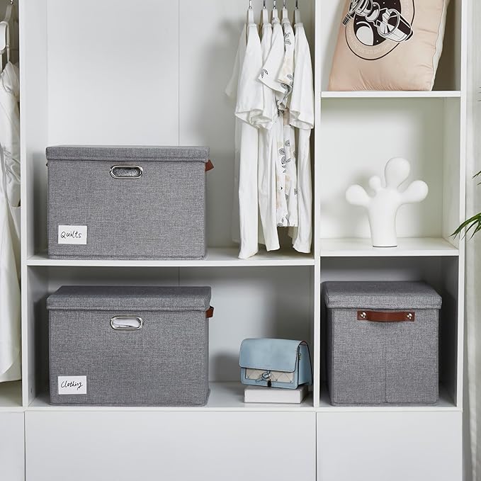 17" Large Collapsible Storage Bins with Lids, Stackable Closet Organizers with PU Handle and Labels, 3-Pack Decorative Fabric Storage Boxes for Home, Bedroom, Closet, Office, Nursery(Gray)