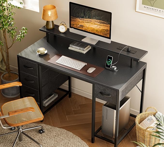 Huuger 47 inch Computer Desk with 4 Drawers, Gaming Desk with LED Lights & Power Outlets, Home Office Desk with Large Storage Space for Bedroom, Work from Home, Carbon Fibre Black
