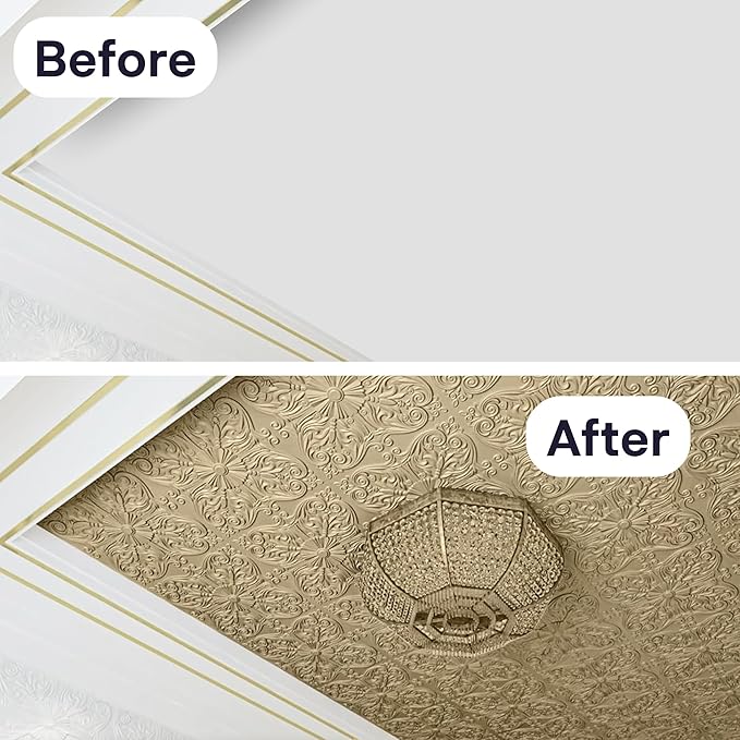 Art3d 12-Pack PVC Drop Ceiling Tiles, 2ft x 2ft, Floral Gold