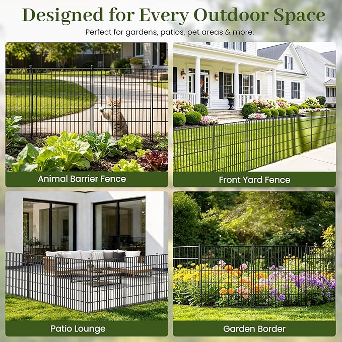 10 Panels No Dig Decorative Outdoor Garden Fence with Gate for Yard, 32 in(H) X 23.6 ft(L) Animal Barrier Fencing Rustproof Metal Wire Panel Border for Dog, Rabbits, and Patio Temporary Ground Stakes