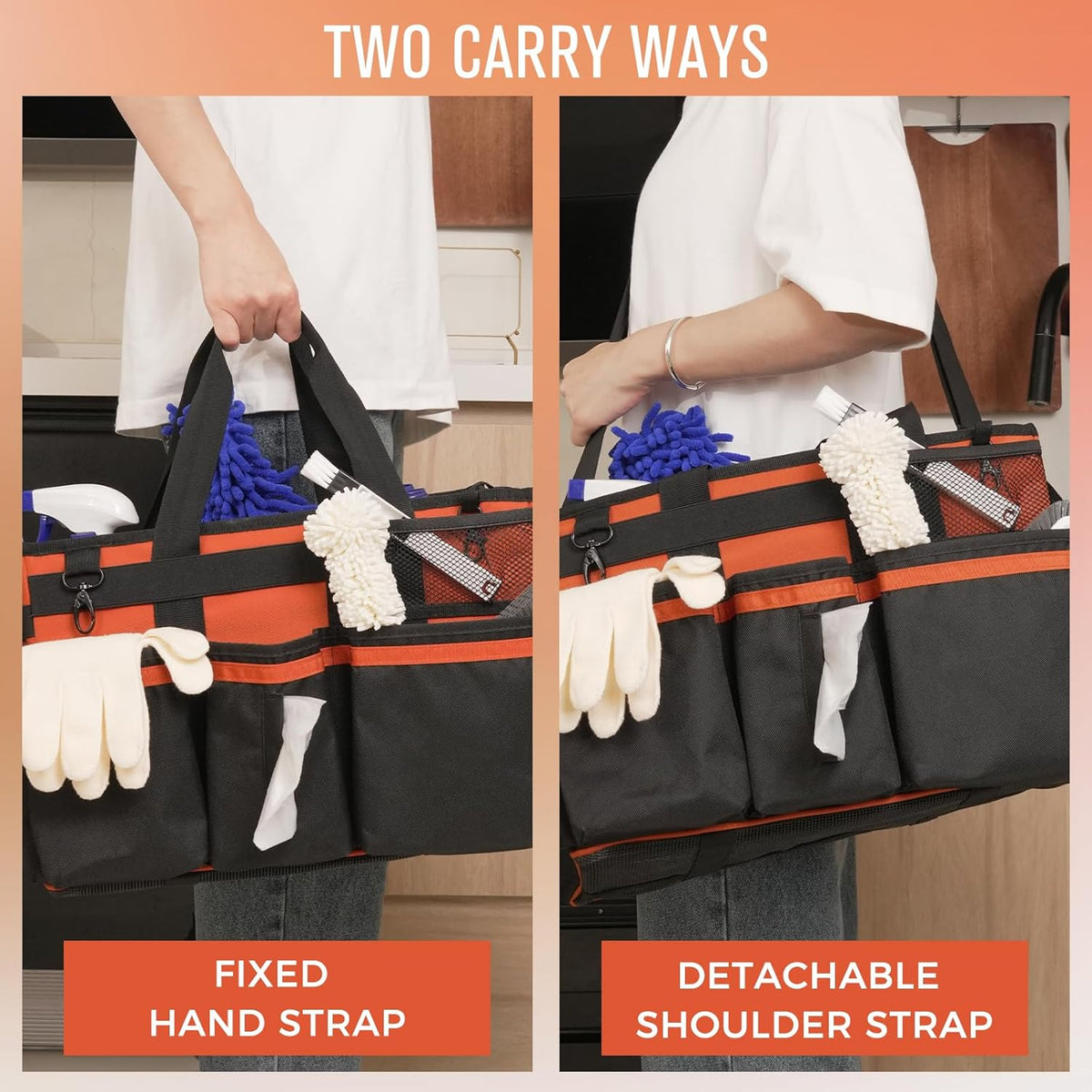 Wearable Cleaning Caddy, Cleaning Caddy Supplies Organizer with Handle & Shoulder Straps for Housekeepers, Under Sink & Car Cleaning Tool Organizers Bag with 4 Foldable Divider (RetroOrange)
