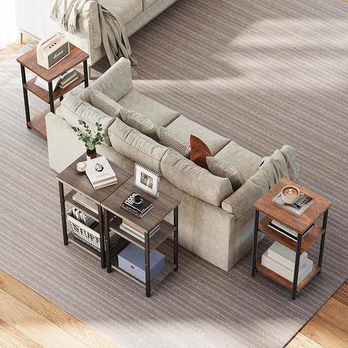 OLIXIS 3 Tier End Table for Small Space, Side Sofa Tables Storage Shelf, Nightstand with Adjustable Feet for Living Room, Bedroom, Office, Set of 1, Rustic Brown