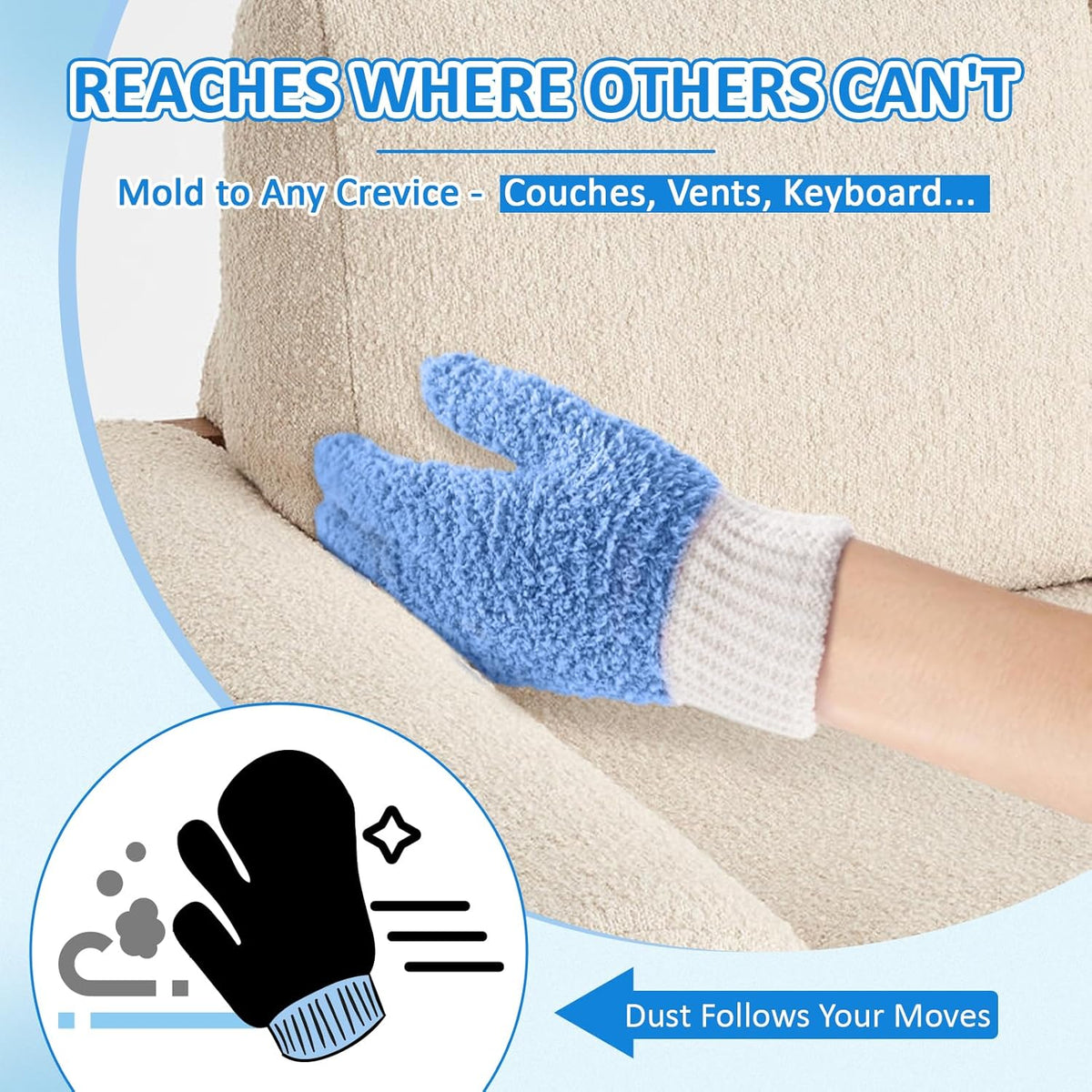 MIG4U Microfiber Dusting Gloves House Cleaning Glove for Blinds, Windows, Shutters, Furniture, and Car, Reusable Lint-Free Blue S/M