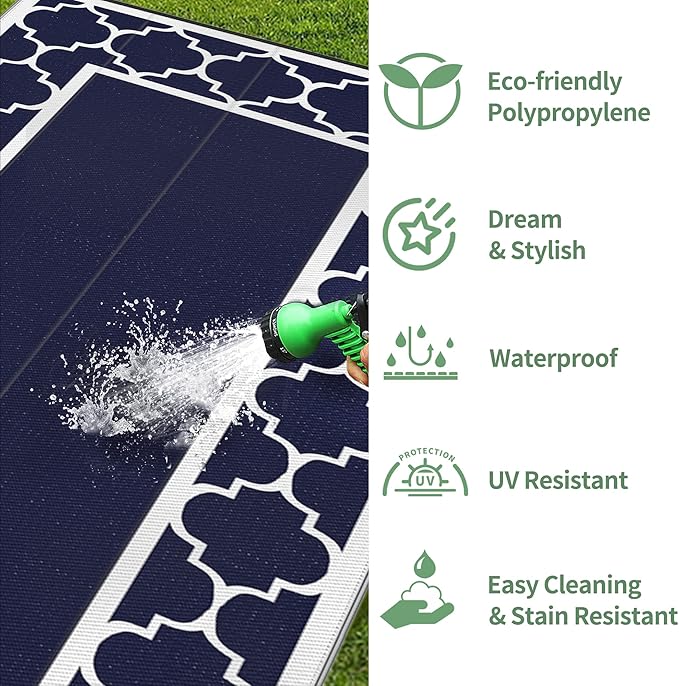 GENIMO 8' x 16' Outdoor Rug Waterproof for Patio, Foldable Reversible Plastic Straw Area Rugs Mat for Rv Decor, Outside Carpet for Camper, Deck, Picnic, Beach, Balcony, Porch, Blue & White