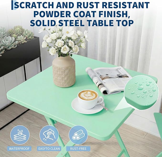 GarveeLife 3 Piece Outdoor Bistro Set, All Metal Patio Table and Chairs Set, Round Tube Iron Bistro Furniture Set for Balcony Porch Garden Cafe, Weather Resistant
