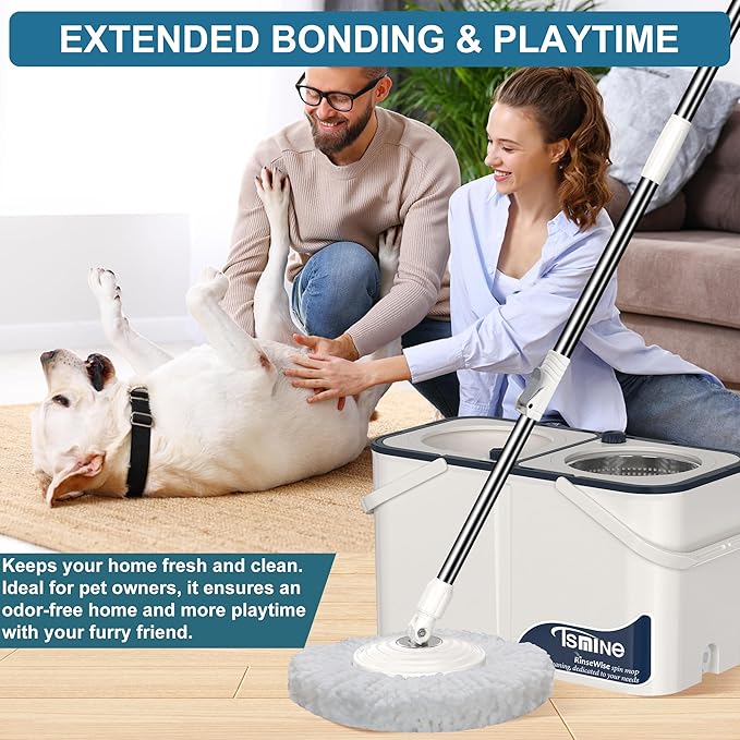 Gen 1 Large-Capacity Spin Mop and Bucket – for Big Homes & Deep Cleaning Days,4-Chamber System Separates Dirty & Clean Water, 2-GAL Heavy-Duty Design with Wheels & 8 Refill Mop Heads - White/Blue