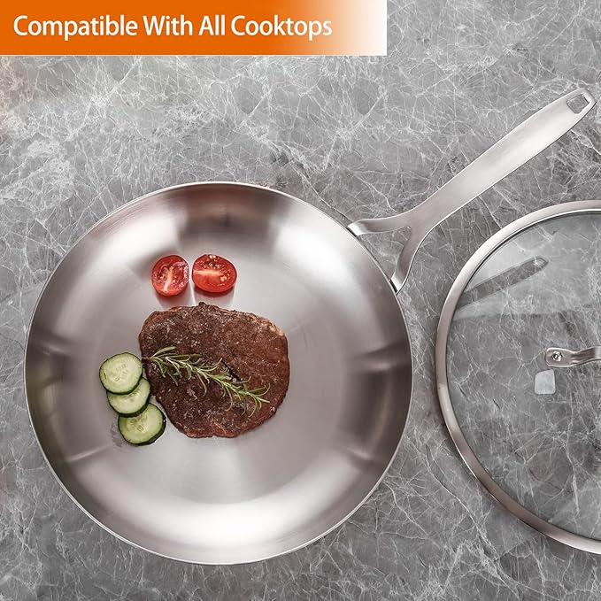 DELARLO Tri-Ply Stainless Steel 8 inch Frying Pan With Lid, Oven Safe Induction Skillet, Suitable for All Stoves Up to 600℉(Lids 300℉)