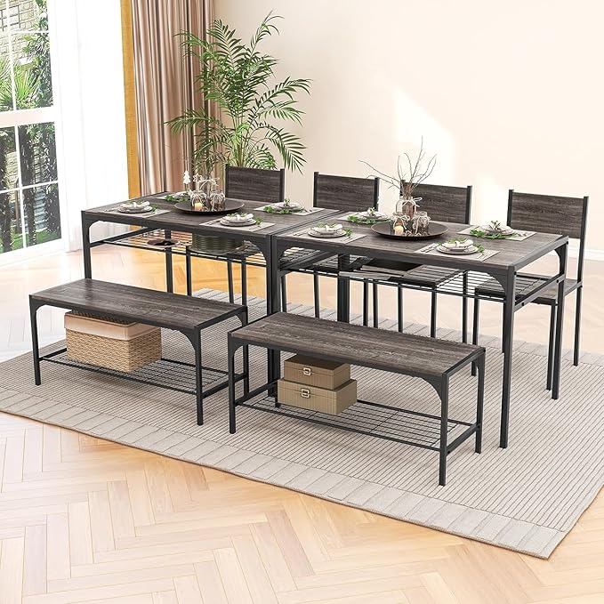 Tangkula Dining Table Set for 4, Kitchen Table and 2 Chairs for 4 with Bench, Additonal Storage Rack, 4 Piece Dining Table Set for Small Space, Apartment