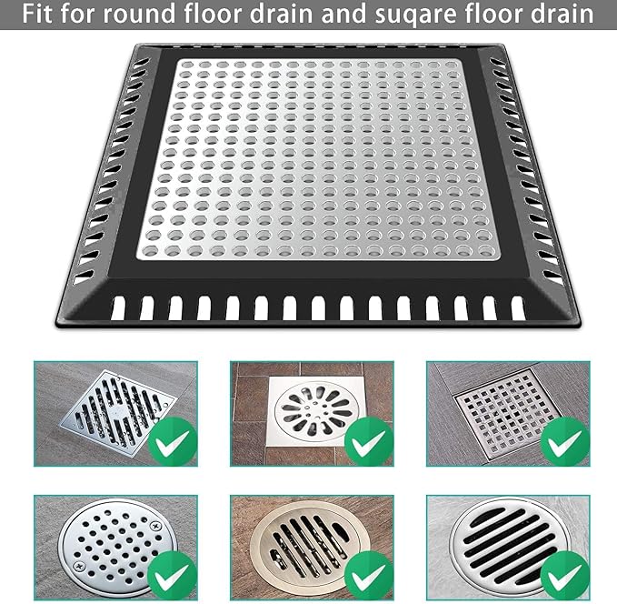 Shower Drain Hair Catcher/Drain Strainer/Shower Drain Cover for Bathroom Floor Drain, Stainless Steel and Silicone (6 inch, Black)