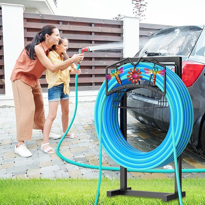 Garden Hose Holder, Freestanding Water Hose Holder with Storage Basket, Heavy Duty Metal Hose Reels Hanger Stand Organizer with 4 Spikes for Outside Yard Lawn Black