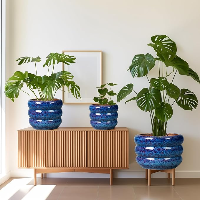 SQOWL Ceramic Pot for Plants - 10 Inch Plant Pot Indoor Outdoor Planter with Drainage Hole Large Flower Pot Decorative Plant Pot for Patio Living Room Decor Blue