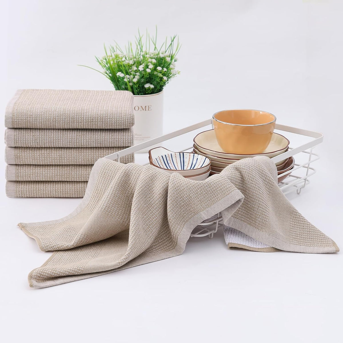 Homaxy Premium Kitchen Towels(18”x 28”, 8 Pack), Large Cotton Kitchen Hand Towels, Flat and Terry Dish Towels, 380 GSM Highly Absorbent Tea Towel Set with Hanging Loop, Khaki