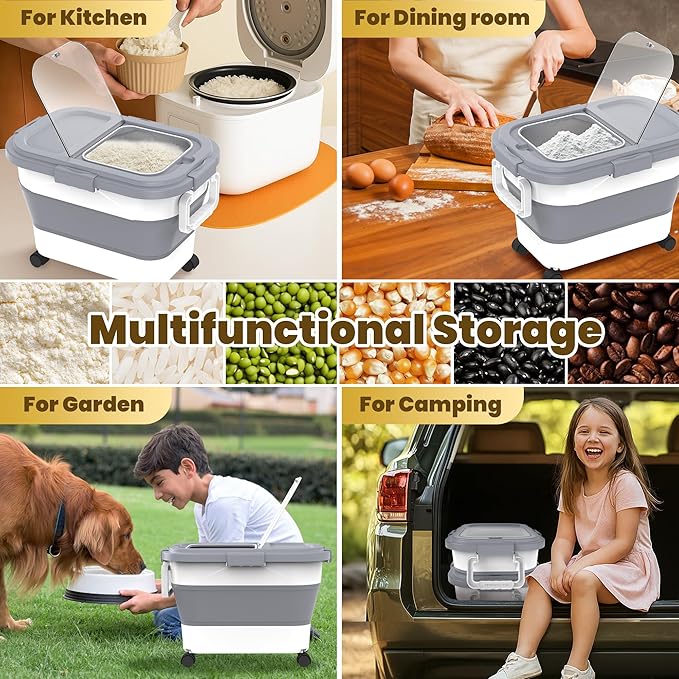 20-30Lbs Rice Container,Collapsible Airtight Food Storage Containers with Wheels,Handle,Rice Storage Container with Small Bin and Scoop,Rice Dispenser for Flour Sugar Cereal Grain Dog Cat